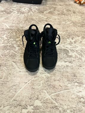 Retro Jordans 6s Black High-Top Sneakers with Neon Green Accent